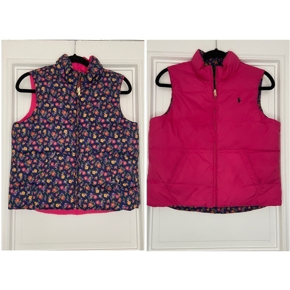 Ralph Lauren Down Warm Puffer Vest Reversible Navy Blue Floral Pink Cottagecore - Picture 1 of 14